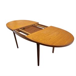 Mid-20th century teak oval extending dining table with set of six teak ladder back chairs with upholstered seats, table W150xD91xH74cm, 199cm extended, chairs W41xD43xH94cm