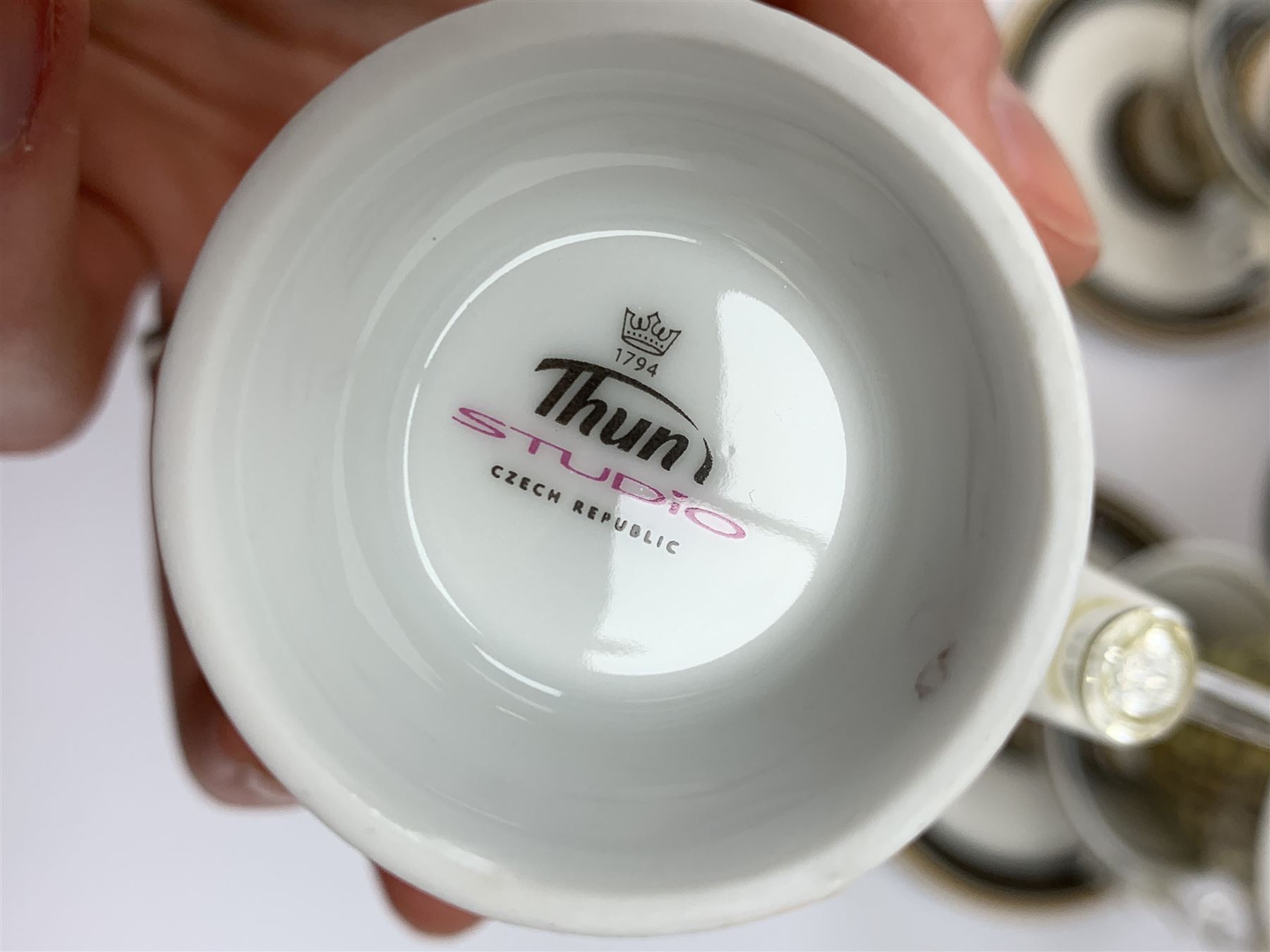 A Chech Republic Thun Studio Leopard print tea set, comprising teapot, milk jug, sucrier and cover, and six tea cups and six saucers. 