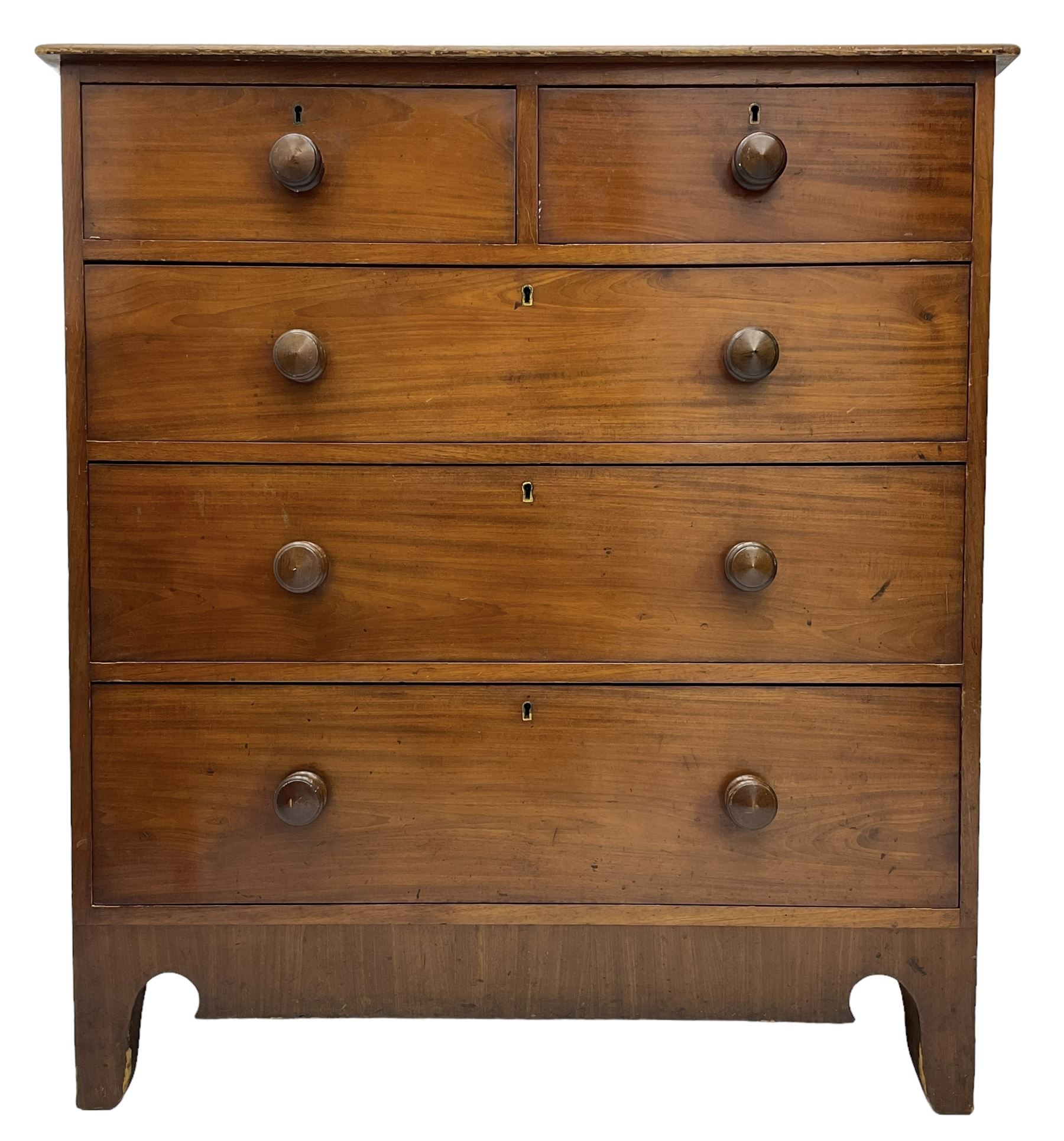 19th century mahogany and pine chest, moulded rectangular top over two short and three long drawers, on shaped apron with bracket feet