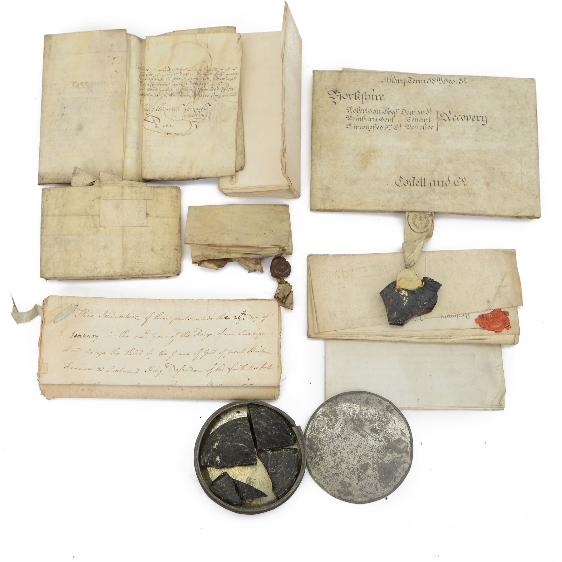 George III indenture on vellum with wax seal encased in metal, together with a collection of Georgian and later indentures and documentation 