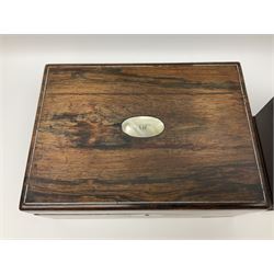 Georgian mahogany tea caddy, of rectangular form, the stepped hinged cover with swan neck handle, opening to reveal three lidded compartments, upon four bracket feet, together with a mahogany sarcophagus shaped tea caddy and three rosewood boxes with mother of pearl inlay, tallest H16cm