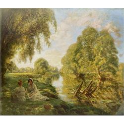 John Lochhead RBA (Scottish 1866-1921): 'Land of Happy Dreams' on the banks of the Great Ouse, oil on canvas signed, titled and dated 1920 verso 107cm x 122cm (unframed)
Notes: period newspaper cutting verso giving details of the artist's studio and referring to the 'Land of Happy Dreams' as his largest work