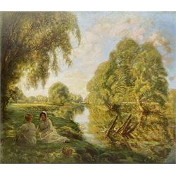 John Lochhead RBA (Scottish 1866-1921): 'Land of Happy Dreams' on the banks of the Great Ouse, oil on canvas signed, titled and dated 1920 verso 107cm x 122cm (unframed)
Notes: period newspaper cutting verso giving details of the artist's studio and referring to the 'Land of Happy Dreams' as his largest work