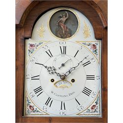William Gostling of Diss  (Norfolk)-  Late 18th century 8-day oak longcase clock c1780-90, break arch top with scalloped cresting and three brass finials, glazed break arch hood door flanked by turned pilasters with brass capitals, trunk with a long trunk door and rounded top on a square plinth with an applied and shaped skirting, early painted Wilson of Birmingham dial with Roman numerals and five minute Arabic's, matching steel hands and second pointer, arched square ended calendar aperture with date disc behind, floral spandrels within gesso borders and a painted rocking automaton representing Mercury to the break arch, dial pinned via a false plate to a weight driven rack striking movement with a recoil anchor escapement, striking the hours on a cast bell. With pendulum weights and key. 
William Gostling (II) is recorded as working in Diss from 1774 to 1797, succeeded by widow Anne and son George . The dial of this clock is illustrated and discussed in detail in M.F. Tennants book 