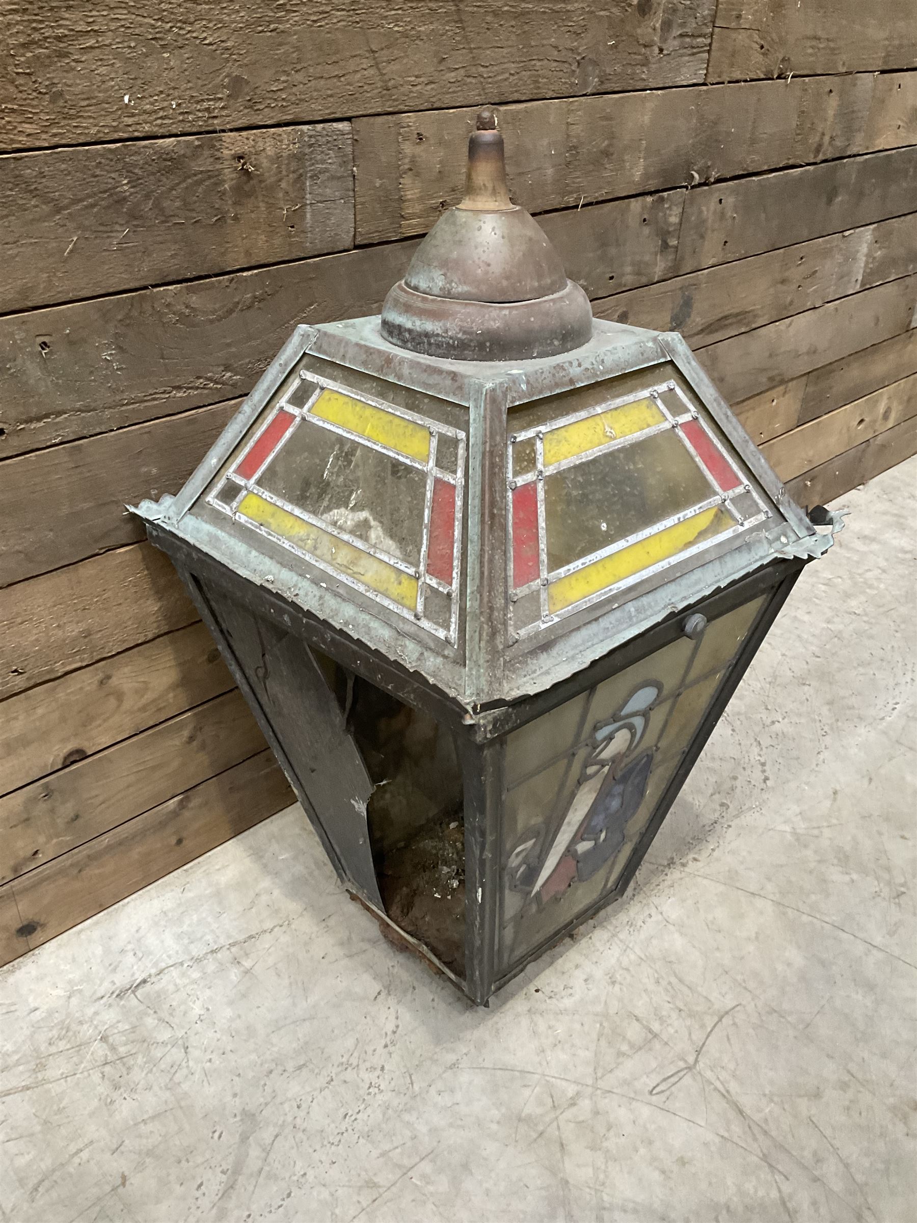 William Younger copper pub advertising lantern with stained glass panels, H75cm