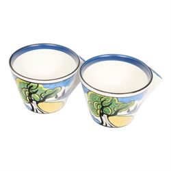 Wedgwood Bizarre by Clarice Cliff, Two sets of Blue Autumn Colonial Teacup, saucer and side plate, limited edition 273 and 273 of 500, both with certificate and box