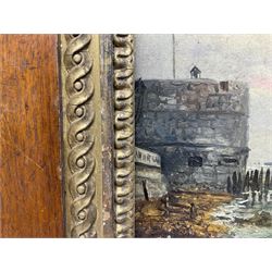 English School (19th/20th century): Harbour Scene, oil on board inscribed 'A WHIT**' on the quayside 15cm x 22cm