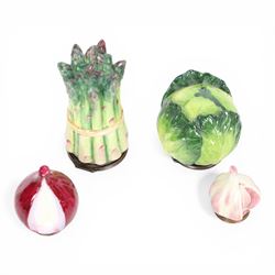 Four Halcyon Days enamel novelty boxes modelled asparagus, onion, garlic and cabbage