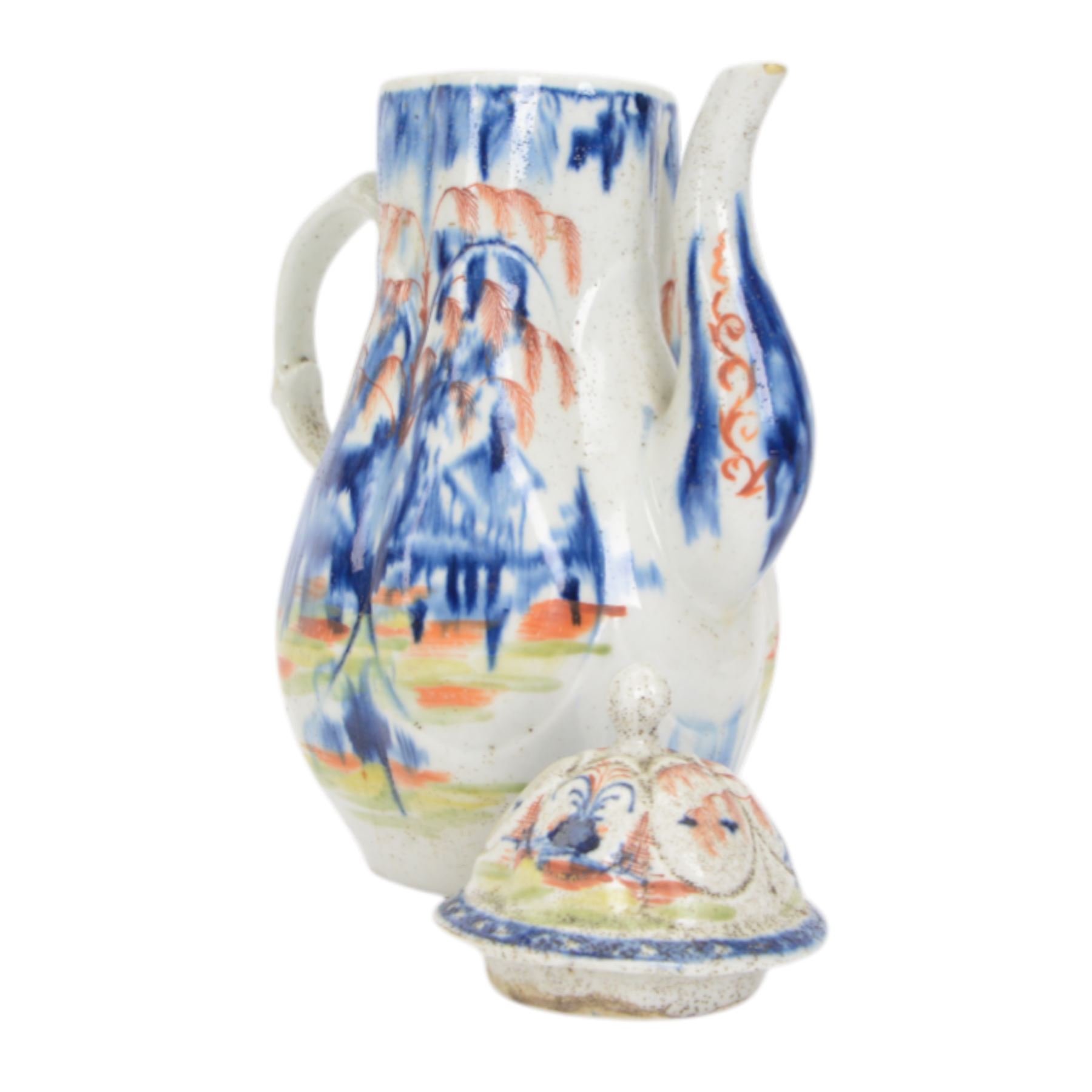 Rare mid 18th century West Pans coffee pot, circa 1764-1770, of baluster form, the moulded six lobed body decorated in underglaze blue with a chinoiserie landscape, picked out in red and green enamel, H26cm