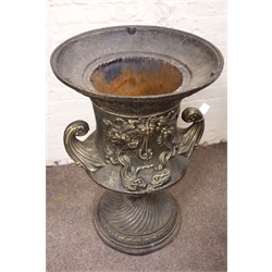  Large bronze finish cast iron garden urn, decorated with foliage swags and dolphins, swirled circular base, H120cm, D72cm  
