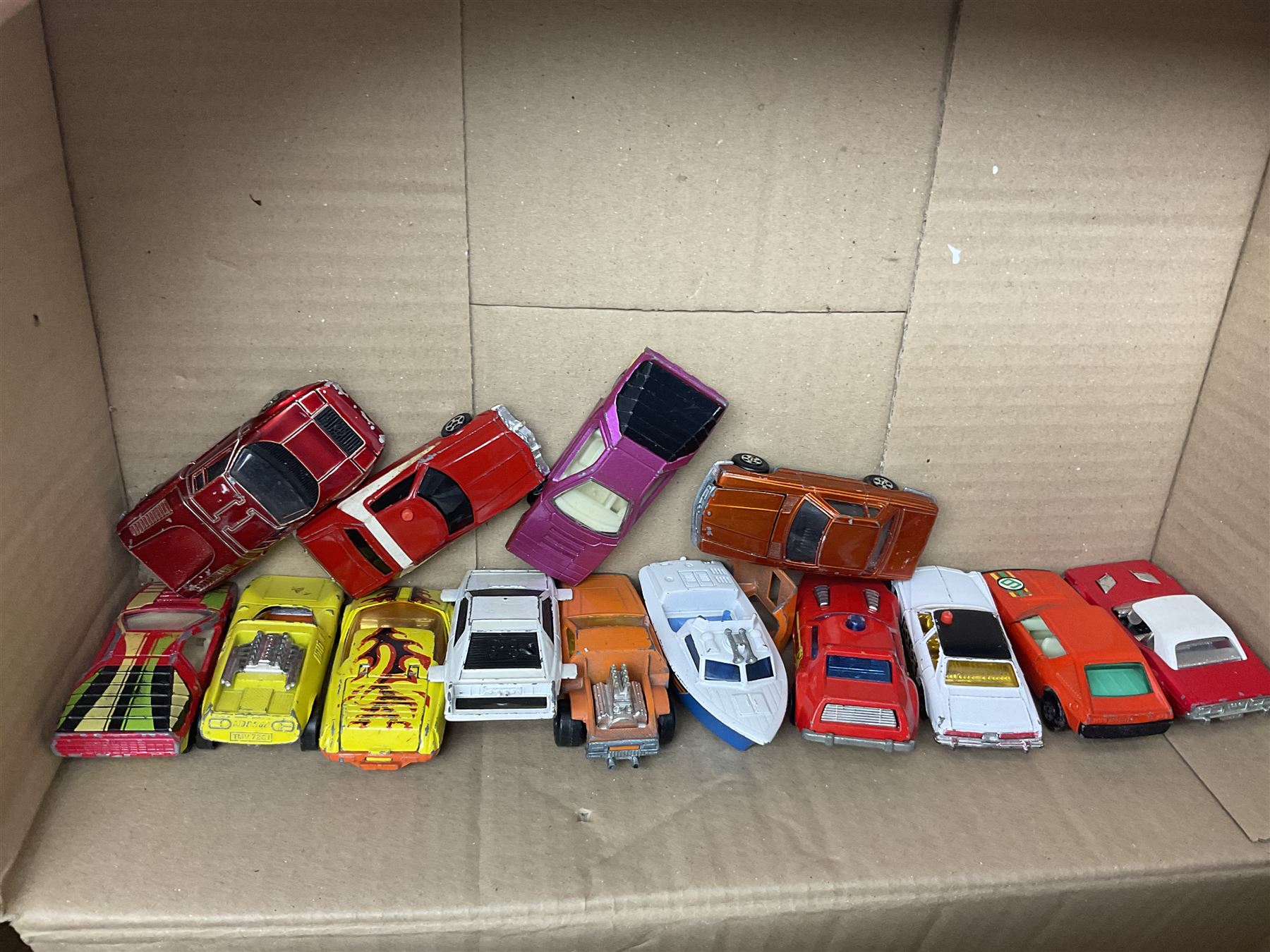 Selcol Beatles New Sound toy guitar, Triang baby walker, Mamod steam engine, wooden Noahs Ark toy, quantity of diecast cars and plastic soldiers and a collection of other toys and board games, in five boxes