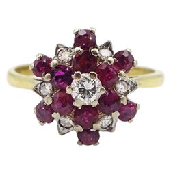 18ct gold round brilliant cut diamond and ruby cluster ring, hallmarked 