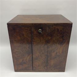 Victorian burr walnut collectors cabinet, with twin recessed brass handles, the doors opening to reveal two full-width drawers and two smaller drawers each with recessed circular brass handles, with Bramah lock and original key, H30cm