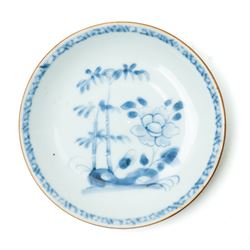 Pair of 18th century Chinese blue and white ‘Nanking Cargo’ saucer dishes painted with bamboo and peony, with Christie's lot label No 5258 D11.5cm