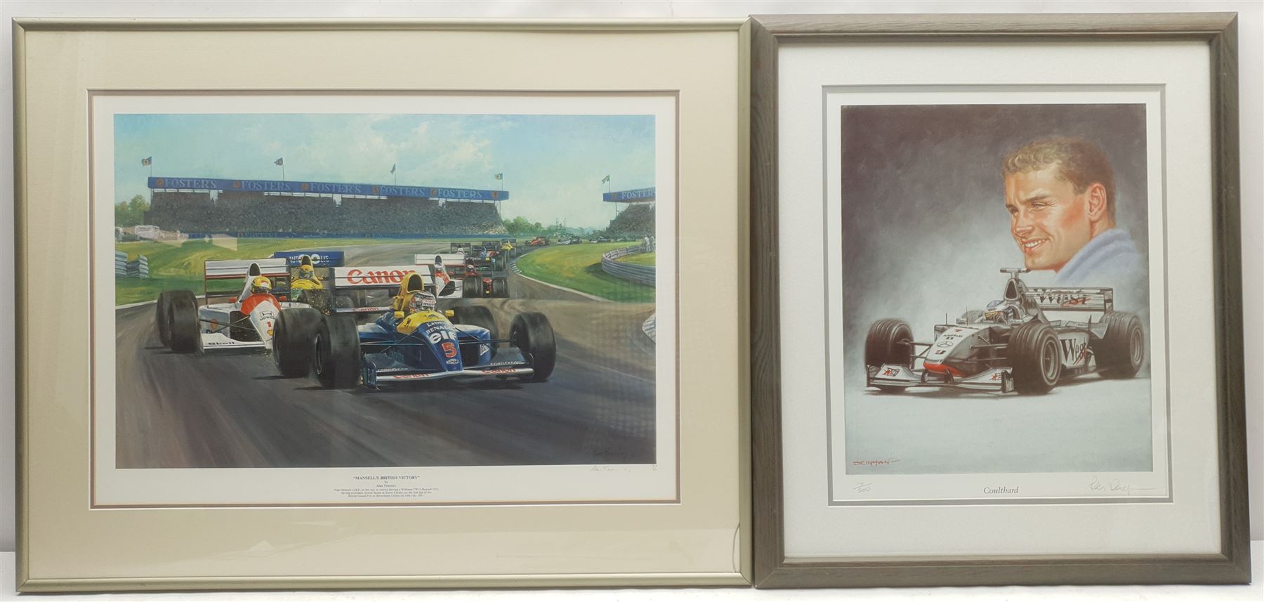 John Rayson (British 1934-1995): 'Moonglow Tornado F. M/k. 3', colour print signed in pencil pub. Rayson Gallery, 34cm x 51cm; Peter Deighan (Irish 1941-): 'Coulthard', limited edition colour print signed and numbered 114/500 in pencil 38cm x 32cm; Alan Fearnley (British 1942-): 'Mansell's British Victory', limited edition colour print signed and numbered 787/850 in pencil 36cm x 55cm (3)