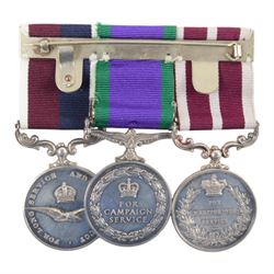 ERII RAF medal trio, Meritorious Service, Campaign Service, with Northern Island clasp, and Long Service, awarded to JJ Taylor (65082068) RAF together with AFCENT breast tab and police badges