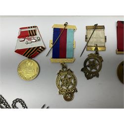 RAOB jewel Bourn Lodge 9394 with 25 years bar; two masonic jewels and triangular pendant watch; British Iron Cross style propaganda medallion; French Legion of Honour and Combatants Cross; and three foreign medals