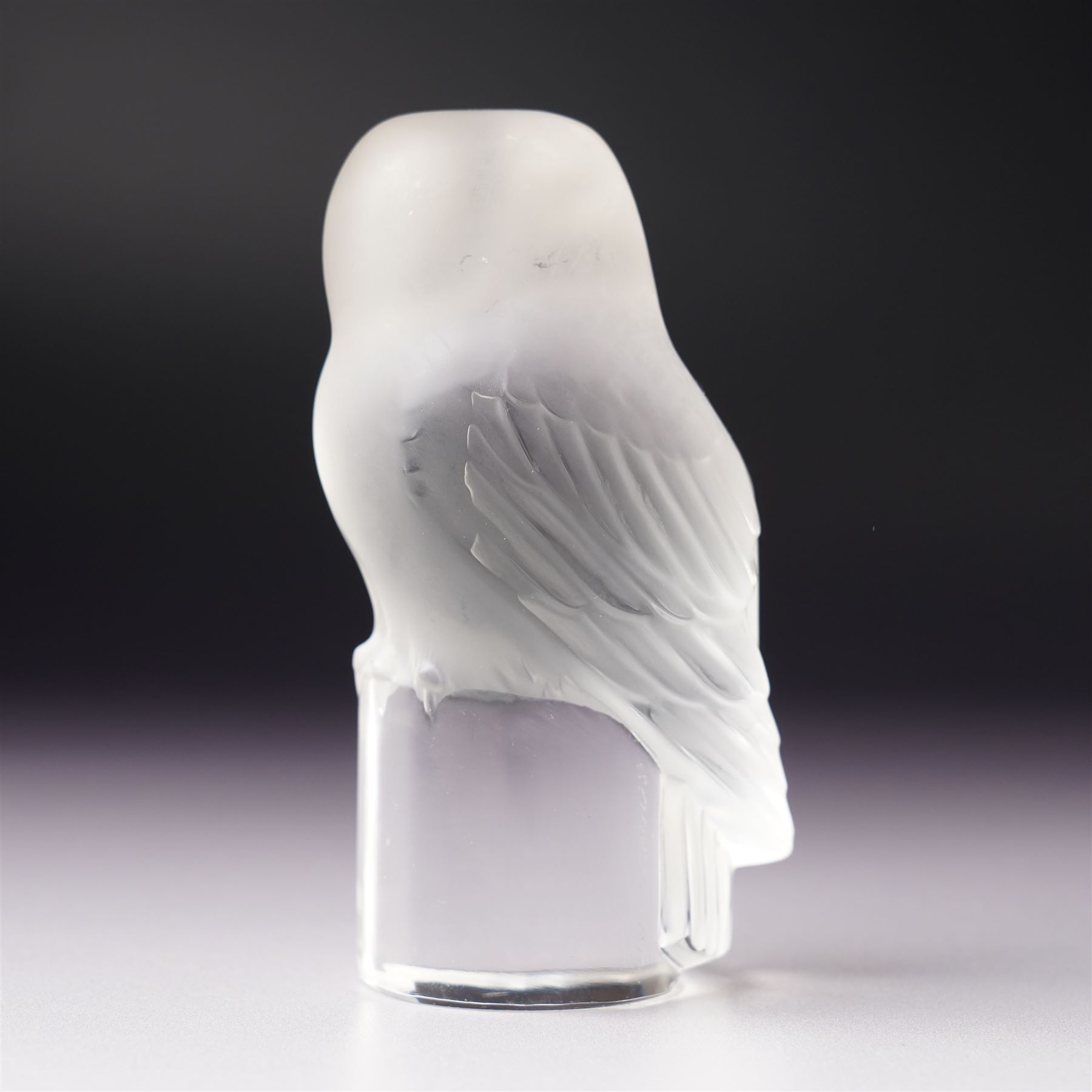 Lalique 'Chouette' frosted glass owl paperweight,  inscribed 'Lalique, France' to plinth, H9cm