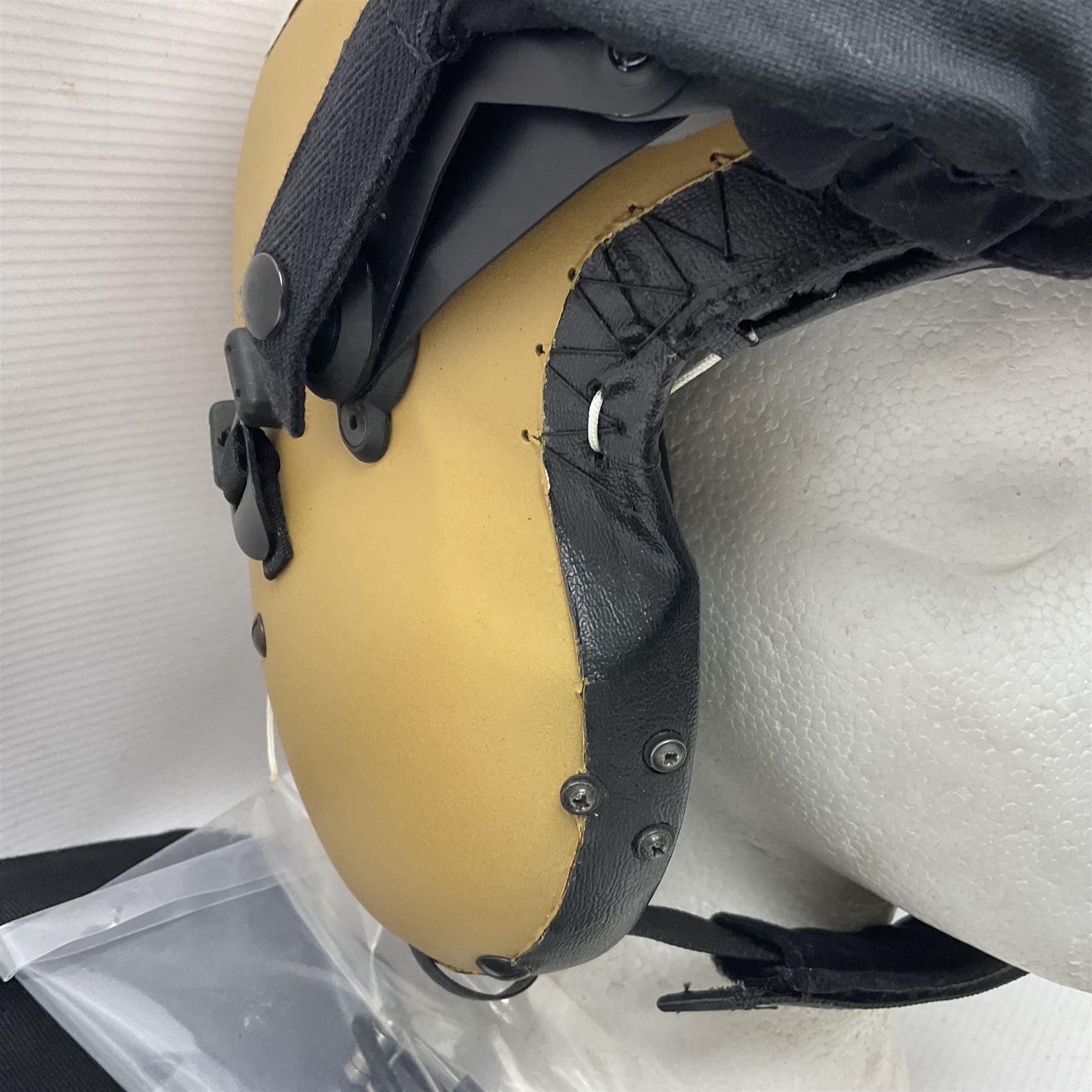 Mk.4 Flight Helmet, as used by RAF and Civilian helicopter pilots; in RAF sand colour (desert use),  fitted with cloth visor cover and working boom mike; has had a complete refit and is bench tested.