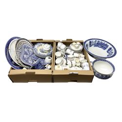 Quantity of Victorian and later ceramics to include blue and white, willow pattern, tea wares, dinner wares, wash bowl etc in two boxes