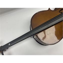 Stentor Student I quarter-size cello with 59.5cm two-piece maple back and ribs and spruce top; bears maker's label with serial no.M076096 L95.5cm overall; in Stentor soft carrying case with bow