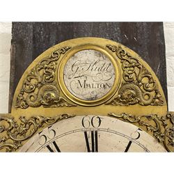 Gilbert Kidd of Malton (North Yorkshire) - late 18th century oak 8-day longcase clock c1780,  with a tall double caddy top and later brass ball and spire finials, break arch hood door beneath with attached pilasters and wooden capitals,  plain trunk with a long flat topped door, raised on a square plinth with applied skirting,  brass break arch dial with the makers name to the silvered boss in the break arch, engraved and silvered dial centre and chapter ring, with cast spandrels and matching steel hands, subsidiary seconds dial and square calendar aperture, dial pinned directly to a rack striking movement with a recoil anchor escapement, sounding the hours on a cast bell. With pendulum and weights.
The Kidd family were a prolific family of provincial clockmakers working in Malton from the mid 18th century until the early 19th century. Many of their clocks are simply signed 