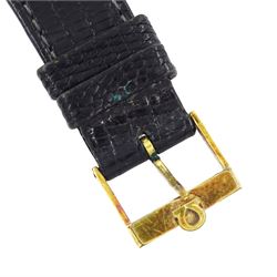 Omega Electronic f300HZ gentleman's gold-plated and stainless steel chronometer quartz wristwatch, Ref. 198.002, gilt dial with baton hour markers and date aperture, on black leather strap with Omega gilt buckle