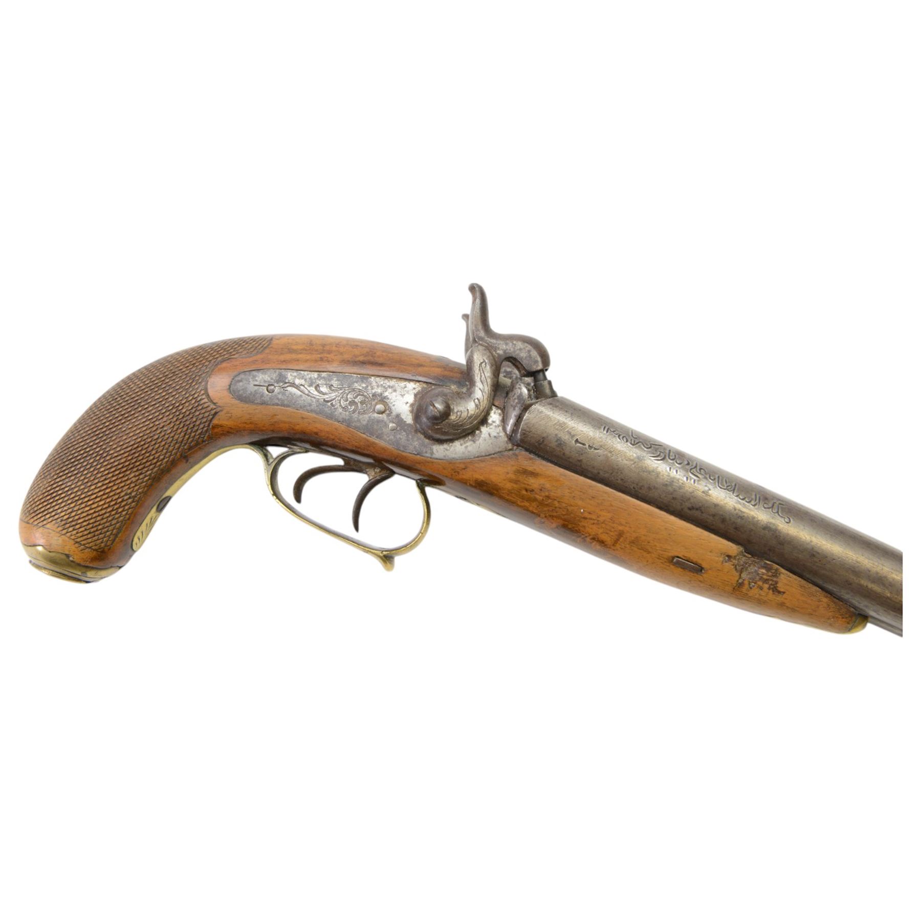 19th century double-barrelled percussion pistol the side by side barrels engraved with Arabic script, engraved with floral motifs, chequered wooden grip with engraved brass butt cap, L37CM