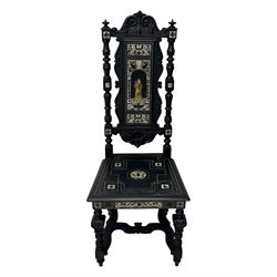 19th century Italian ebonised side chair, the backrest inlaid with bone and decorated with a painted figure in Renaissance dress within an arched reserve, flanked by turned supports and scrolled cresting, the seat and frieze similarly inlaid, raised on turned legs with shaped stretchers