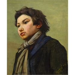  Robert Young (Late 19th century): Portrait of an Irish Tinker Boy with Grey Scarf, oil on canvas indistinctly signed, dated 1892, 39cm x 32cm  