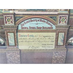 Edwardian chromolithograph 'The United Society of Boiler Makers and Iron & Steel Ship Builders' certificate of membership inscribed 'This is to Certify that G. Sargeson was admitted a member of the Hull 3 Branch of this Society on the 21st day of August 1907' 68 x 52cm in mahogany stained frame
