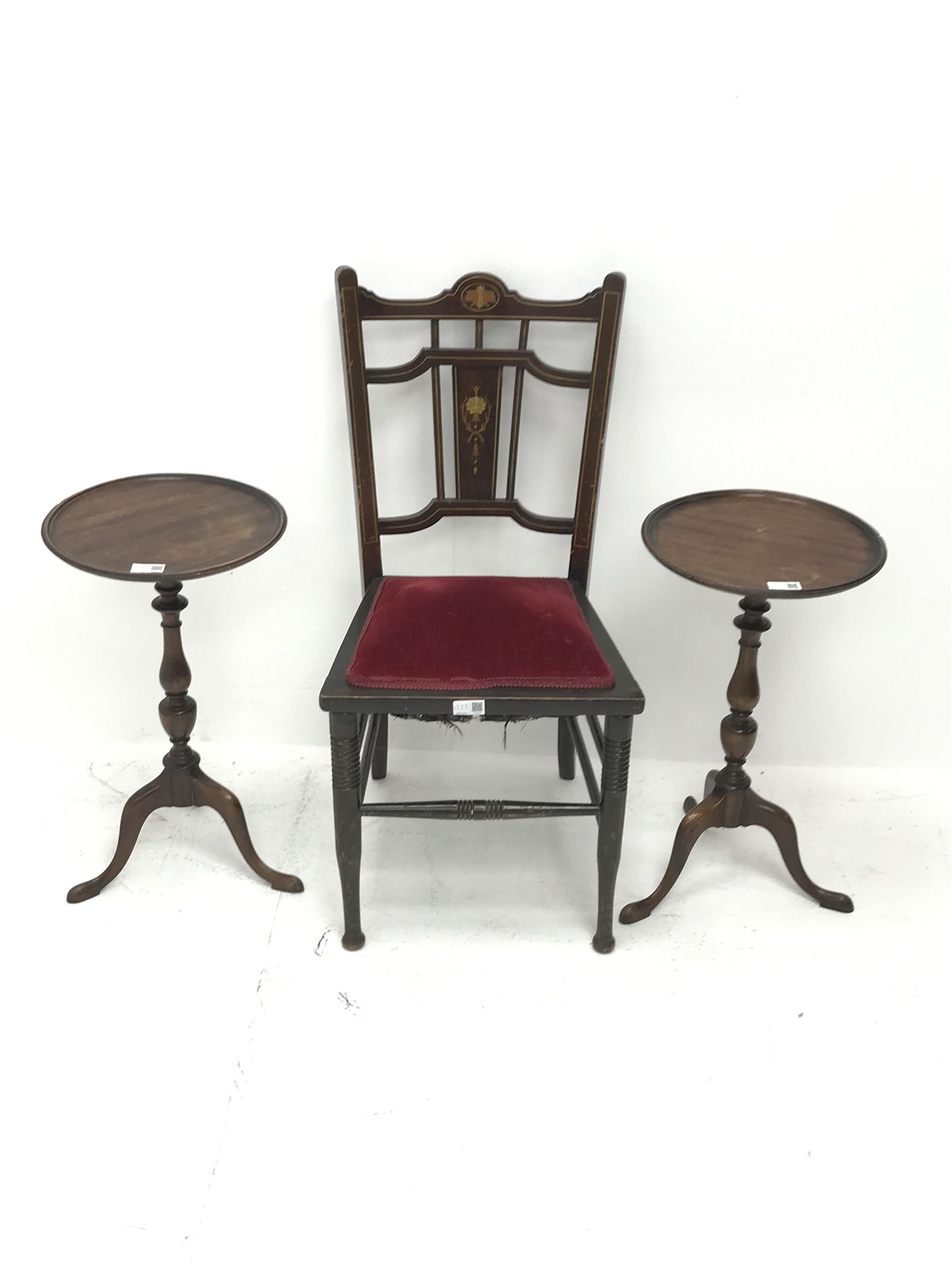 Edwardian mahogany inlaid bedroom chair (W40cm) and two mahogany wine tables (3)