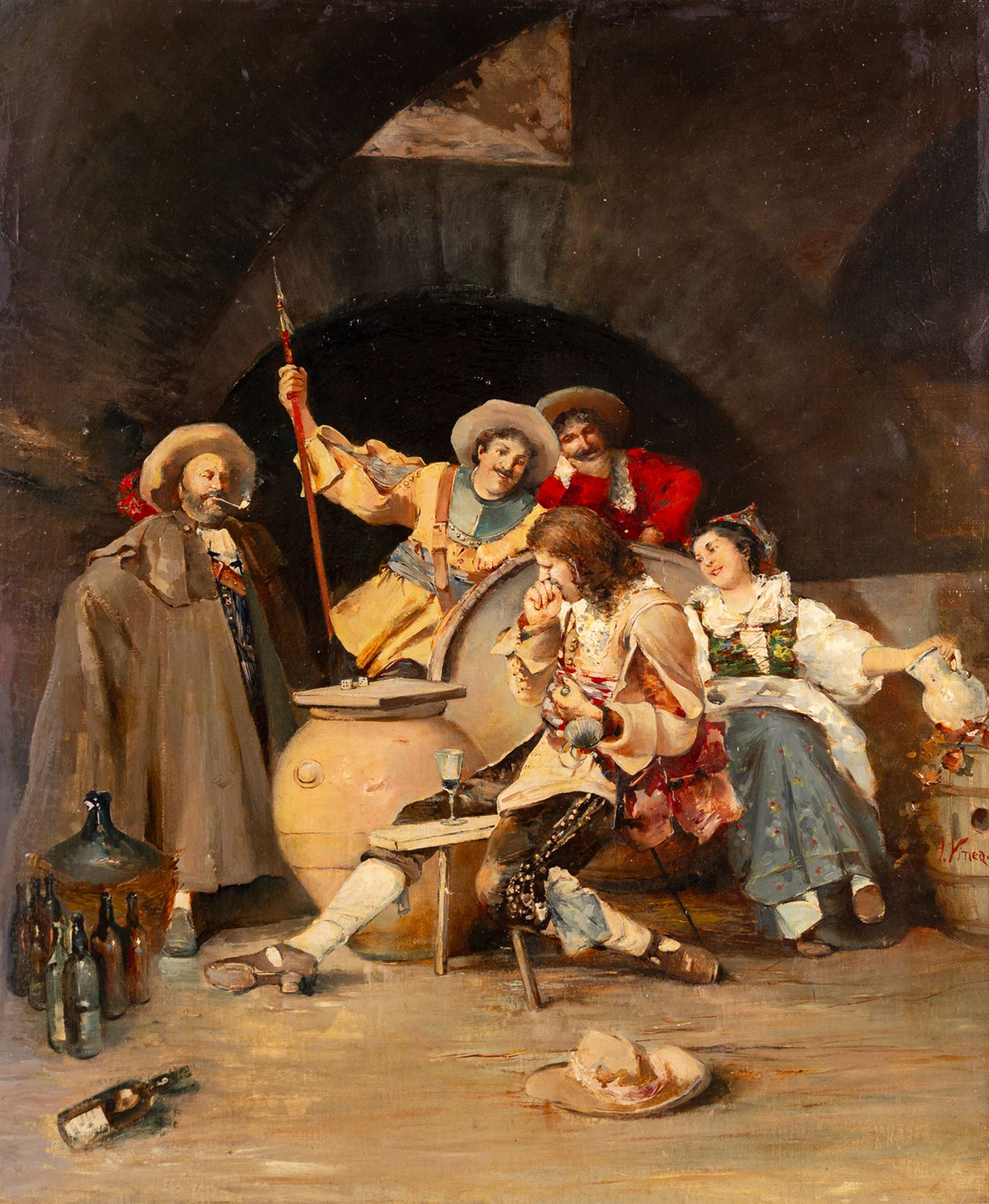 Francesco Vinea (Italian 1845-1902): 'The Lost Game' - A Tavern Scene with Merrymakers, oil on canvas signed 60cm x 50cm 