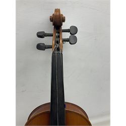 Saxony (?) violin c1950 with 36cm two-piece maple back and ribs and spruce top; bears label 'The Maidstone School Orchestra Association' L59cm overall; and 1950s Czechoslovakian violin for restoration; both in carrying cases (2)