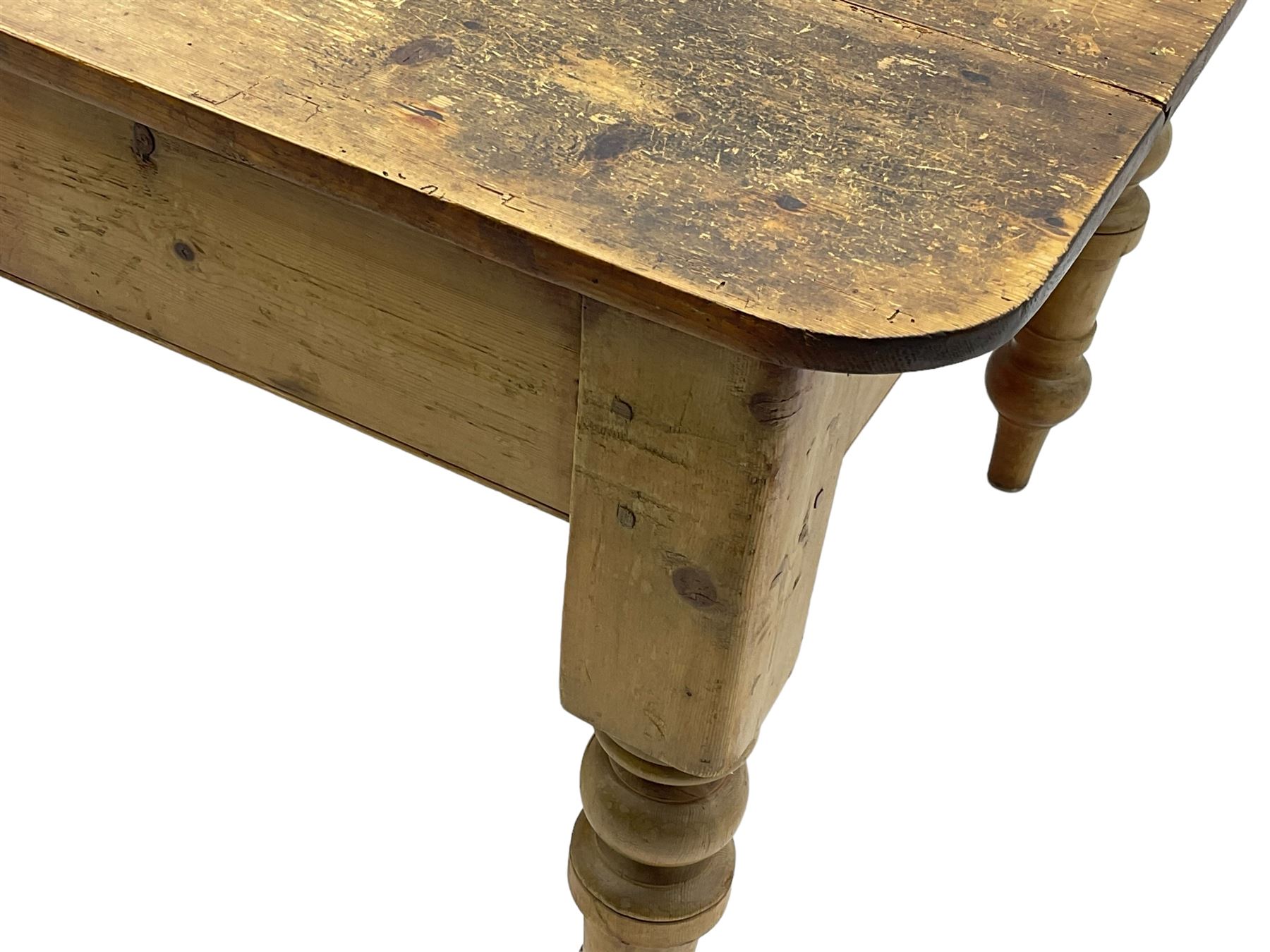 Victorian pine farmhouse dining table, rectangular plank top with rounded corners, on turned supports 