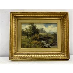James Scott Callowhill (British 1838-1917): Bridge over a Stream with Figures, oil on board signed with monogram and dated '85, 16cm x 24cm