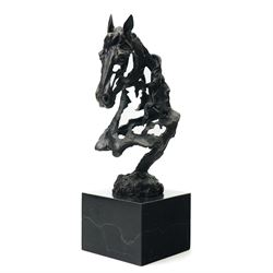 Stylised horse head, bronze, signed Gadi and bearing foundry mark, upon black stone square plinth, overall H41cm
