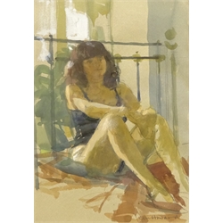  Ken Howard (British 1932-): 'Dora' the artist's wife seated on a bed, watercolour and gouache signed in pencil 26cm x 18cm  DDS - Artist's resale rights may apply to this lot  