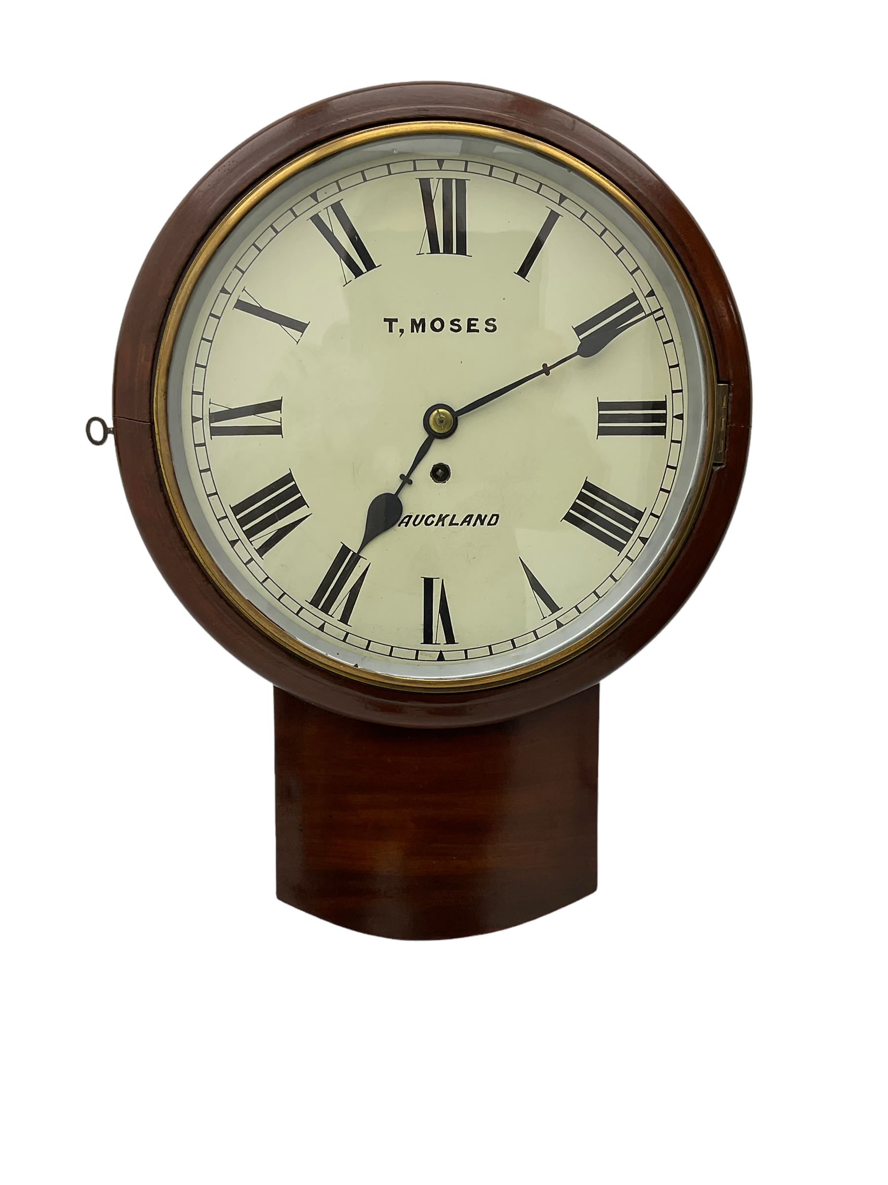 A late 19th century c1880 mahogany cased drop dial wall clock with a 12