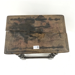 18th/19th century oak coffin stool, carved and shaped rails, outsplayed baluster supports joined by stretchers, W43cm, H58cm, D34cm