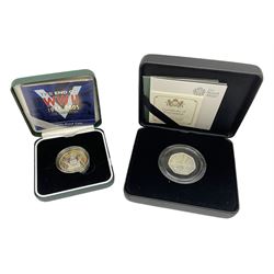 The Royal Mint 2005 'The End of WWII 1945-2005 60th Anniversary' silver proof two pounds and 2020 'Withdrawal from the European Union' silver proof fifty pence coin, both cased with certificates