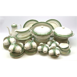 Royal Worcester Regency pattern tea and dinner wares in green, comprising two tureen and covers, oval serving platter, gravy boat, two dinner plates, two salad plates, twelve dessert plates, fourteen cheese plates, twelve bowls, thirteen side plates, eleven tea cups and eleven saucer, coffee pot, twelve coffee cups and twelve saucers, milk jug, open sucirer and stand. 