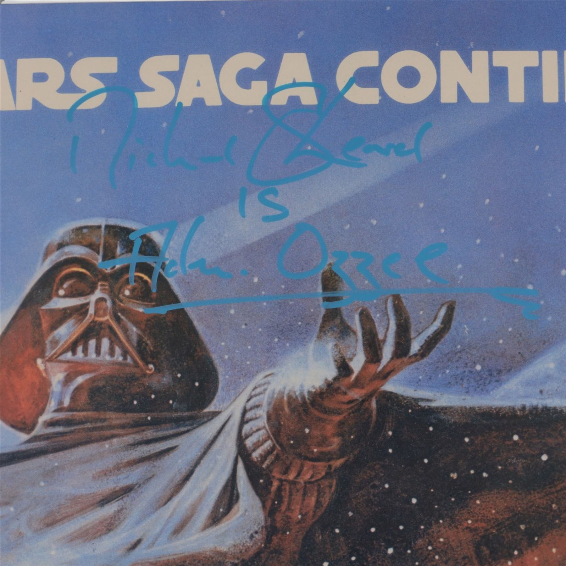 Autographed 1980s Star Wars Empire Strikes Back movie poster, with artwork by Tom Jung, with signatures including Michael Sheard (Admiral Ozzel), Koo Stark, Caroline Blakiston (Mon Mothma), Shelagh Fraser (Aunt Beru), Mike Edmonds (Logray), Peter Mayhew (Chewbacca), Jeremy Bulloch (Boba Fett), Stuart Freeborn (Creature Designer), Warwick Davies (Wicket), Michael Carter (Bib Fortuna), Dave Prowse (Darth Vader), Kenny Baker (R2D2), signatures and poster obtained at the Dave Prowse Promotions Mulitcon Event 1998 at The Norbreck Caste Hotel, Blackpool, in glazed black frame, frame H115cm