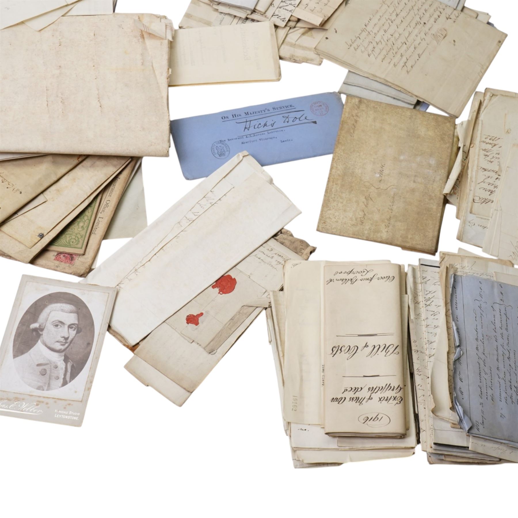 Collection of ephemera relating to the Gascoigne family of Parlington, Aberford including  various 19th century leases and conveyances, schedules of the Irish estates, 18th century appointment of church wardens at Aberford 1758 and other indentures and correspondence concerning the family and the parish of Aberford