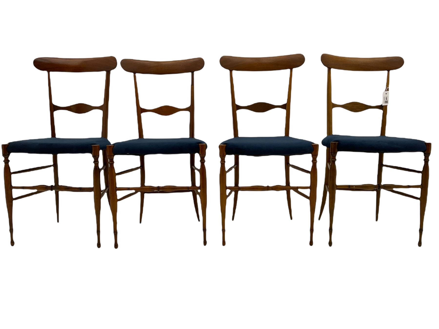 Campanino Chiavari by Fratelli Levaggi - circa. 1950s set eight walnut dining chairs, seats upholstered in blue fabric, 
