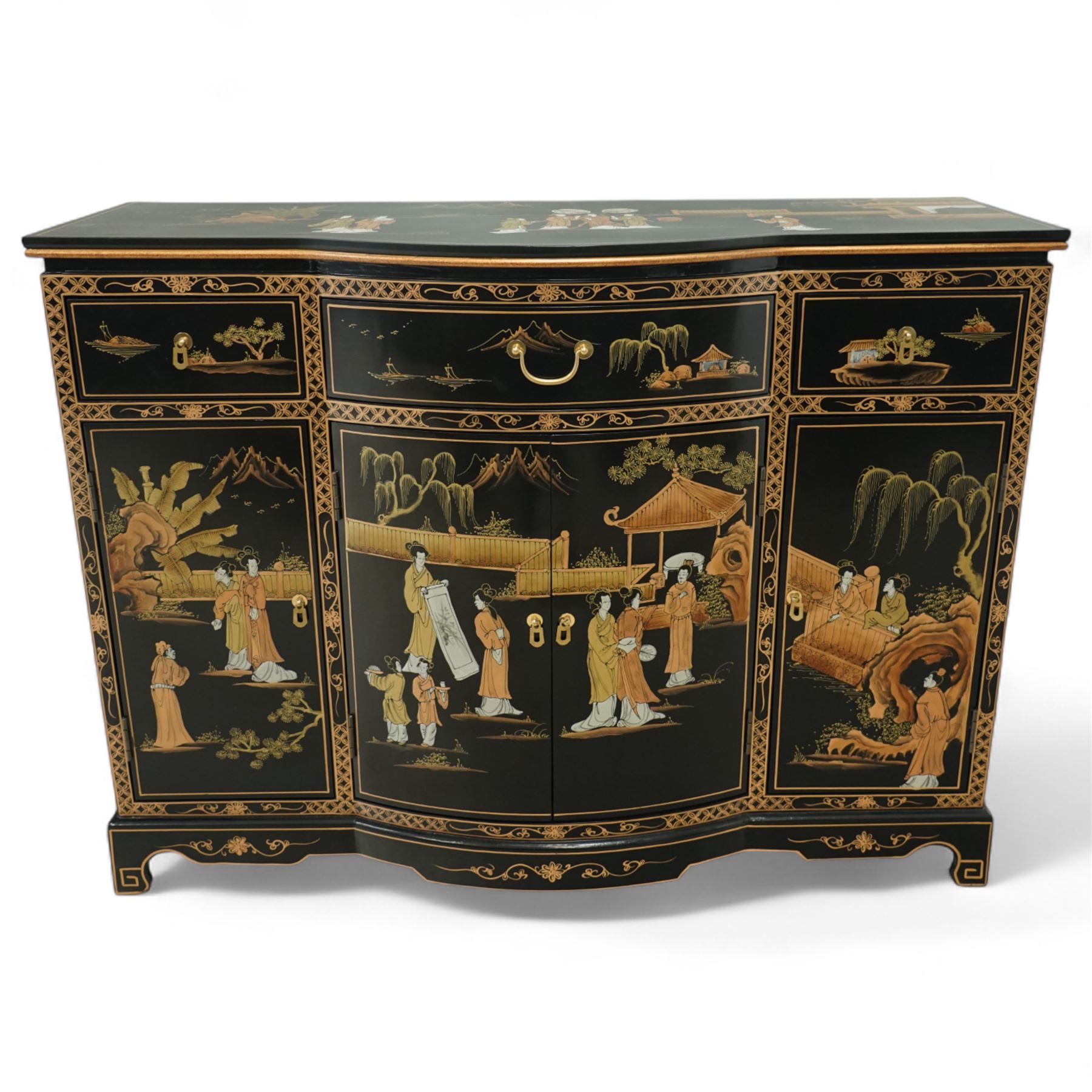 Late 20th century Chinese black lacquered sideboard, serpentine front fitted with three baize-lined drawers over four panelled cupboard doors, decorated throughout with gilt and polychrome figural and landscape scenes, on shaped apron and bracket feet 