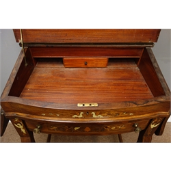  Edwardian bone and satinwood inlaid rosewood desk, raised mirror back above leather slope and drawer, with two fall leaves, on square tapered supports, W90cm, H123cm, D45cm  