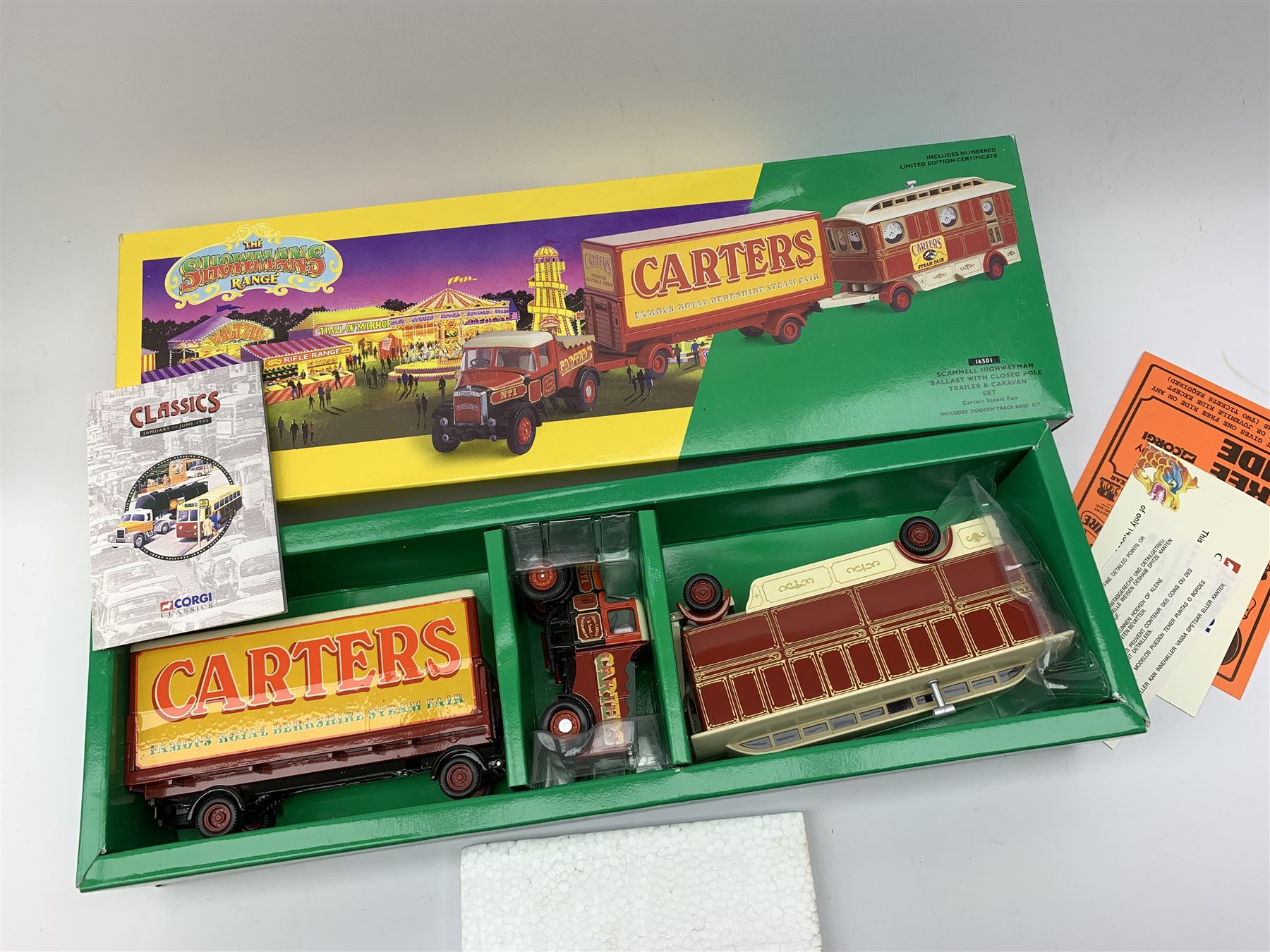 Corgi Showmans Range - twelve vehicles comprising 24801 Leyland Dodgem Truck & Caravan Set, 16501 Scammell Highwayman Ballast with Closed Pole Trailer & Caravan Set, 15901 Scammell Highwayman Generator with Closed Pole Trailer & Dodgem Trailer Set, 16502 Scammell Highwayman Ballast with Closed Pole Trailer & Caravan Set, 21701 AEC Closed Pole Truck with Closed Pole Trailer Set, 12601 Foden Closed Pole Truck Set, 27801 Atkinson Open Pole Truck Set, 09901 ERF Dodgem Truck & Box Trailer Set, 27602 Atkinson 8 Wheel Rigid Truck & Trailer with Loads Set, 24401 Leyland 8 Wheel Rigid Truck Set, 16101 Scammell Highwayman Crane Set and 06601 Morris 1000 Advanced Publicity Van Set; all virtually mint and boxed with certificates and paperwork (12)