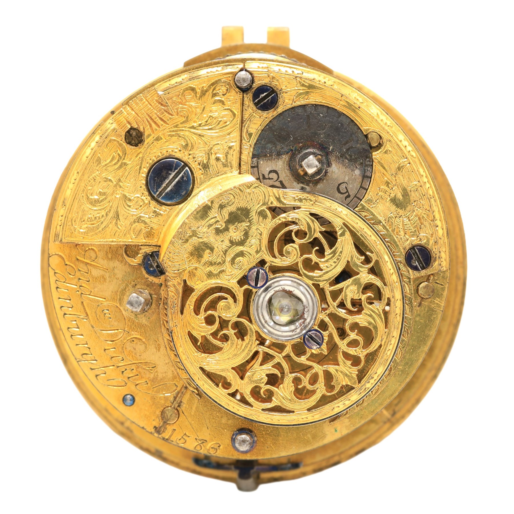18th century verge fusee pocket watch movement by Andrew Dickie, Edinburgh, No. 1586, square baluster pillars, pierced and engraved balance cock decorated with a mask and diamond endstone, white enamel dial with Roman hours and outer Arabic minute ring with beetle and poker hands