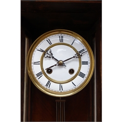  Early 20th century Vienna style wall clock, white Roman dial with twin train movement striking the half hours on a coil, H88cm   